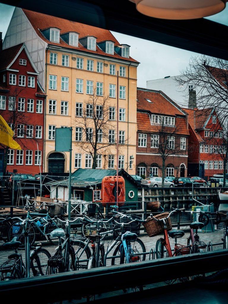 town, houses, copenhagen, christianshavn, harbour, nordic, canal, denmark, boats, architecture, travel, europe, reflection, nature, water, daylight savings, outdoors, mood, window, view from window, colourful houses, spring break, bicycles, danish, port
